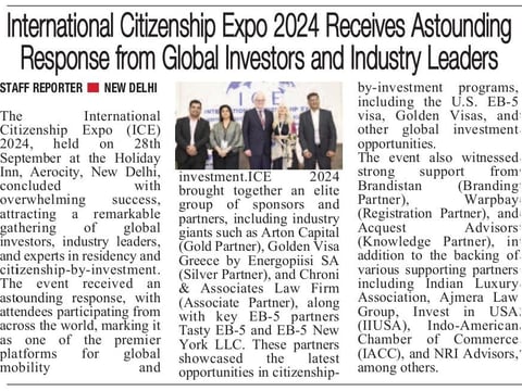 The Pioneer, 8 October 2024: report on the International Citizenship Expo 2024 in New Delhi naming Chroni & Associates Law Firm