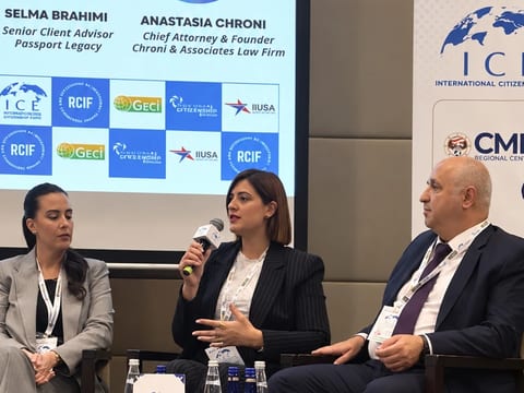Anastasia Chroni speaking on a panel at the International Citizenship Expo, Grand Hyatt Istanbul, November 2025