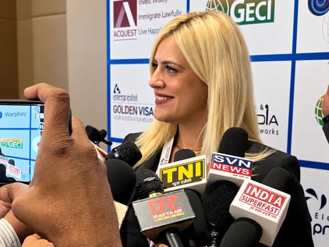 Anastasia Chroni interviewed by Indian news media at the International Citizenship Expo, New Delhi, September 2024